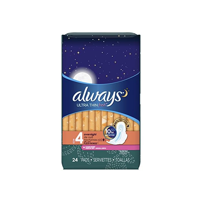 Always Ultra Thin, Size 4, Overnight Pads with Wings, Scented, 24 Count