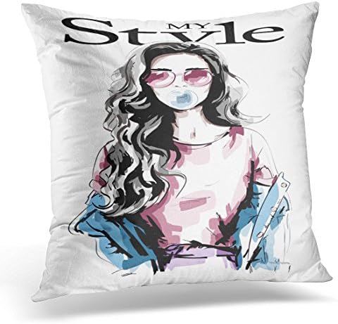 Sdamas Decorative Pillow Cover Curly Young Woman with Chewing Gum Beautiful Portrait Cute Girl with Long Hair in Casual Sketch Drawing Throw Pillow Case Square Home Decor Pillowcase 16x16 Inches