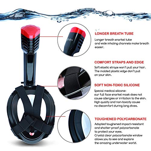 Shark's Tooth Snorkel Mask Full Face w/Compatible Action Camera Mount | 180° Panoramic Swimming View | Anti-Leak Fit & Anti-Fog Lens | Easy Breath Valves, V Backstop Technology (Black/Red, L/XL)