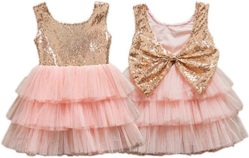 IIYoYo Line Toddler Baby Girls Kids Gold Sequin Flower Tutu Princess Dress For Wedding Party Communion Prom Birthday Formal Special Occasion (Pink, 2-3T)