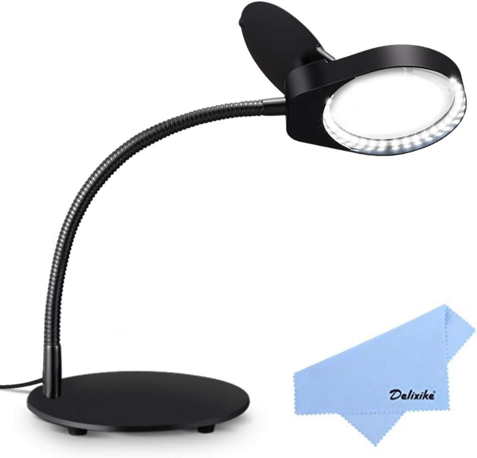 Delixike Magnifying Lamp,3X Magnifying Glass with Light and Stand for Close Work,Reading,Crafts,Workbench - (Black)