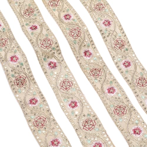 CABODYALS 9.14M Embroidered Jacquard Ribbon Metallic Chinese Ethnic Style Vintage Pattern Woven Gold Sequin Floral Polyester Ribbons Trim with Paillette for Sewing Making Crafts Christmas Supply