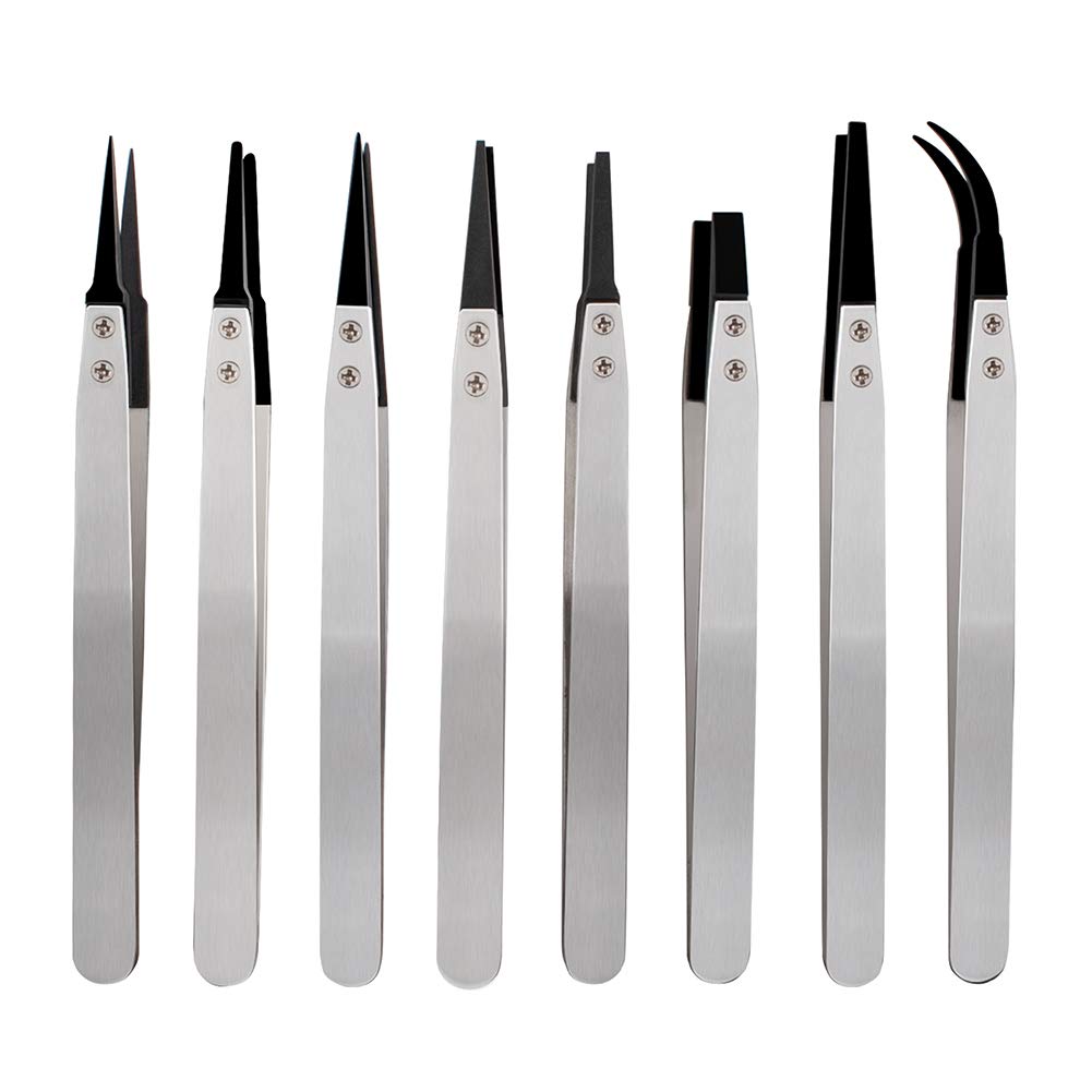 WANDIC Anti-Static Tweezers, Set Of 8 Plastic Tipped Tweezers ESD Stainless Steel Precision Tweezers For Electronics, Laboratory, Jewellery, And Crafts