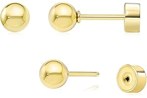 Sweetkiki Threadless Flat Back Earrings, 14K Gold Plated Ball Stud Earrings Hypoallergenic | Cartilage Earring | Helix Piercing Jewelry | Tragus Piercing Jewelry | Push in Flatback Earrings for Women Men