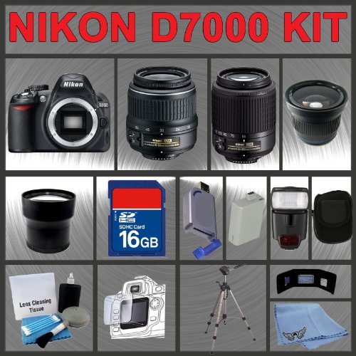 Nikon D7000 SLR 16.2MP Digital C   amera with 18-55mm II Lens + 55-200mm DX Lens + Huge Accessories Package Including Wide Angle Macro Lens + Telephoto Lens + 32GB SDHC Memory Card + Hi-Speed SD Card Reader + Digital Flash + Extended Life Battery + Tripod + LCD Lens Cleaner Kit + LCD Screen Protectors + Memory Card Wallet + Carrying Case + Cleaning Cloth