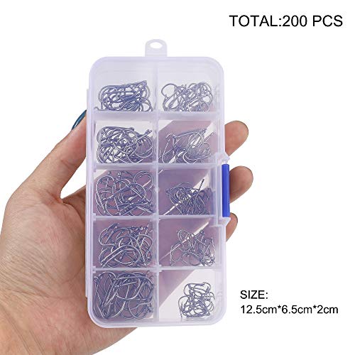 FT-SHOP Angelhaken Kohlenstoffstahl Frisches Wasser Salzwasser Fisch Haken Kit mit Plastikbox 200 Stück 10 Größen – Bild 8