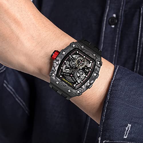 TSAR BOMBA Watch for Men, 50M Waterproof Automatic Mens Watch, Skeleton Mechanical Tonneau Big Face Dial Black Watch with Silicone Watch Bands, Gifts for Men