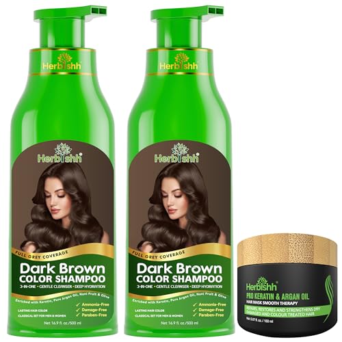 Herbishh Combo Pack-2Pcs Hair Color Shampoo For Gray Hair+ 1Pc Argan Intense Hair Mask- Hair Dye Shampoo – Colors Hair In Minutes – Long-Lasting Color– 500 Ml –Stimulates Dry Frizzy Hair (Dark Brown)