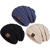 Womens Beanies for Winter 3 Pack, Slouchy Beanies for Women Oversized Knit Warm, Winter Hats for Women Thick for Cold Weather(Black+Oatmeal+Denim)-001