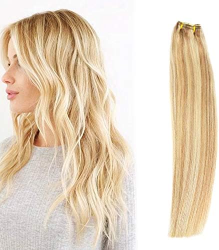Komifa Remy Hair Extension Clip in Hair Extension Human Hair, Straight Virgin Hair Weft, Soft Natural Real Hair 100 grams 16 inch (16 inch, No.27/613 Strawberry Blonde/Bleach Blonde)