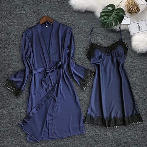 Women's Satin Lingerie Floral Embroidery Babydoll Sleepwear Lace Chemise Soft Nightgown Robe (Blue C, L)