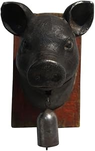 Comfy Hour 7" Pig Head Wall Ring Bell, Rusty Looking, Black Vintage Style, Dark Antique