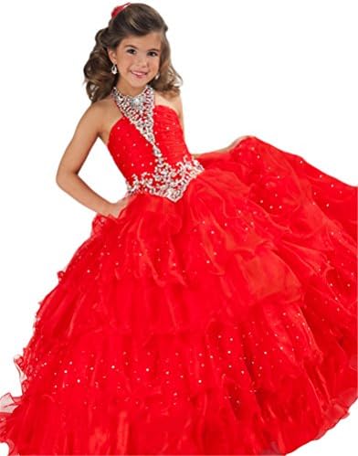 Aisha Flower Girls' Halter Floor Length Beaded Pageant Dresses 14 US Red