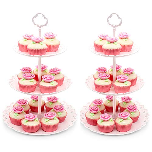 Imillet Cupcake Stand/Holder Plastic Dessert Stand White Cake Stand 3 Tiered Serving Stand Display Stand Reusable Pastry Platter for Wedding Birthday Baby Shower Tea Party Decorations (2 Pack Large) - Thumbnail 7