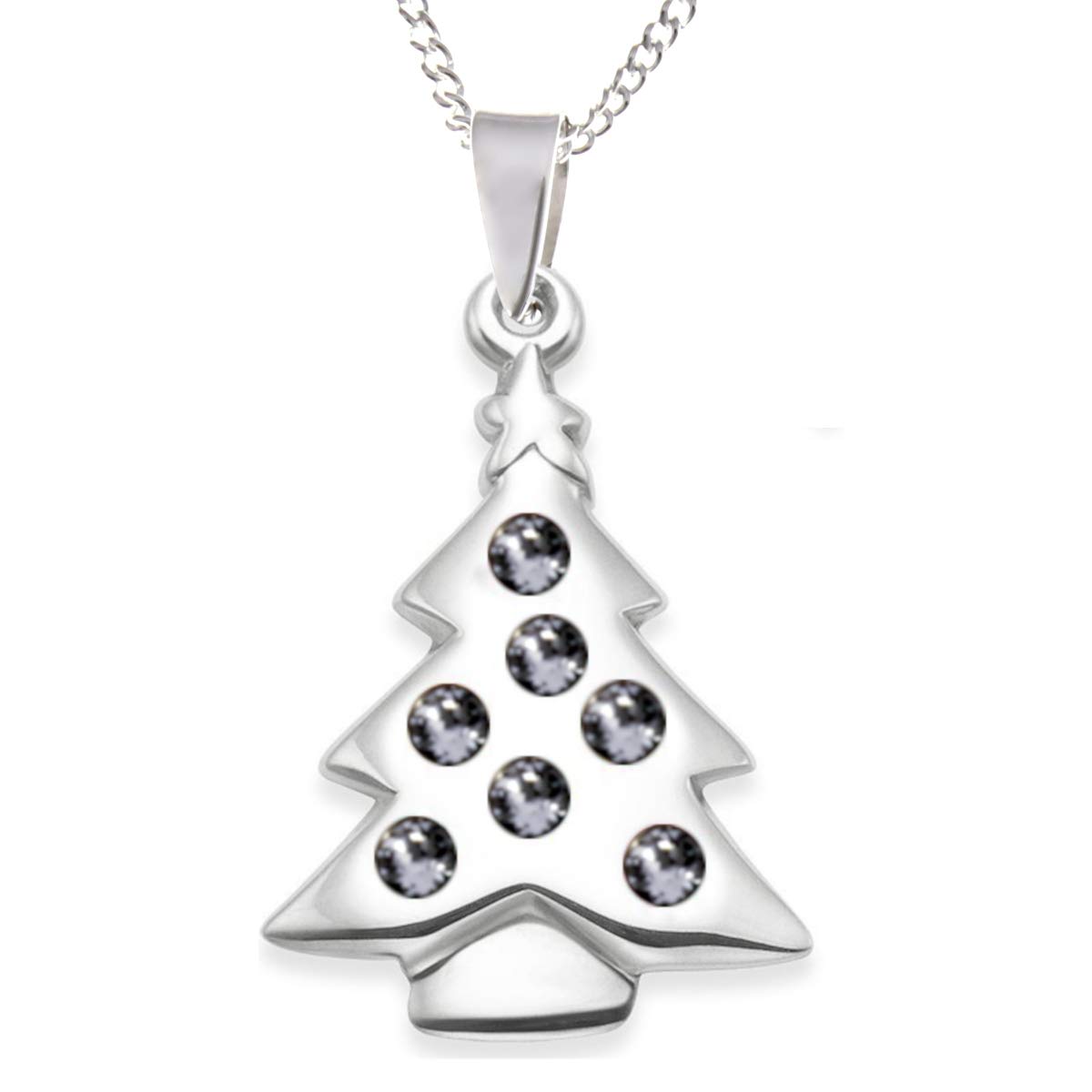 Alexander Castle Sterling Silver Christmas Tree Necklace with Cubic Zirconia Stones in Jewellery Gift Box and adjustable 14" or 16" curb chain suitable for ladies or girls. Great stocking filler