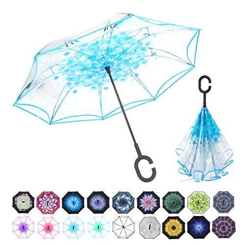 WASING Double Layer Inverted Umbrella Cars Reverse Umbrella, Windproof UV Protection Big Straight Umbrella for Car Rain Outdoor with C-Shaped Handle (Transparent Blue)