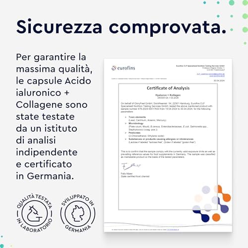 Collagene e Acido Ialuronico Integratore 180 Capsule, + Vitamina C, Biotina, Zinco e Selenio, 1000mg Collagene Idrolizzato + 200mg Acido Ialuronico con Bambù & Silicio