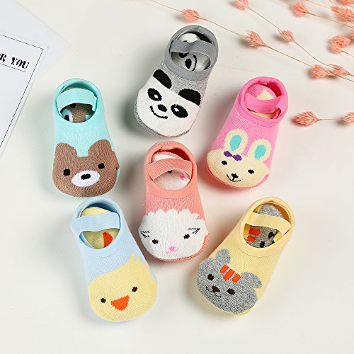 Dicry 6 Pairs Baby Girl Non Skid Mary Jane Socks Cartoon Animal Toddler Socks for 12-24 Months