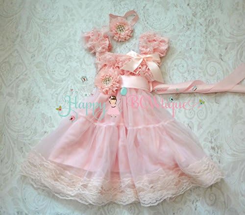 Baby Pink Chiffon Lace Dress set w Extra Headband, Flower Girl Pink Chiffon Dress Set