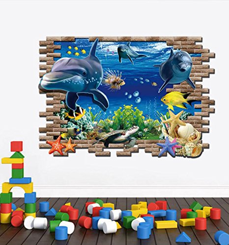Sajanic Creative 3D Wall Stickers Underwater World Dolphin Real Feeling Suit for Bedroom Living Room Nursery Kids Room Wall Decoration