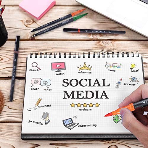 Dual Markers Brush Pen, Brush Tips & Colored Fine Point Pen Set for Lettering Writing Coloring Drawing,Planner Art Supplier, Journal Planner Pens, 24 Pcs Colors