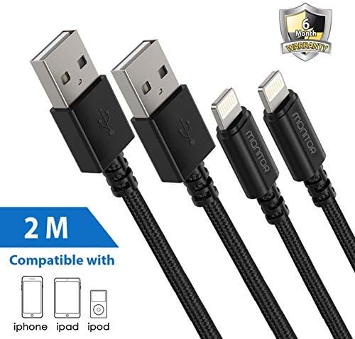 CZARTECH Monitor 6.6 ft Sync & Charge USB Cable Compatible with i-Phone, i-Pad Air, i-Pad Mini (Nylon Braided, 2 Mtr, Black, Pack of 2)