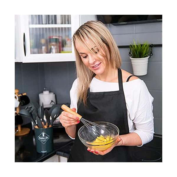 Kitchen-Utensil-Set-16-Piece-Silicone-Kitchen-Gadget-for-Cooking-Baking-Non-Stick-Non-Scratch-Cookware-Set-with-Wooden-Handle-Heat-Resistant-Silicon-Spatula-Tool-Set-with-Holder-Dark-Grey Kitchen Utensil Set - 16 Piece Silicone Kitchen Gadget for Cooking, Baking - Non Stick Non Scratch Cookware Set with…