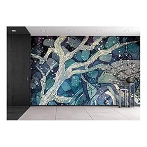 Mystical Tree Turquoise and Violet, Hot Batik Background Texture, Handmade on Silk - Removable Wall Mural | Self-Adhesive Large Wallpaper - 66x96 inches