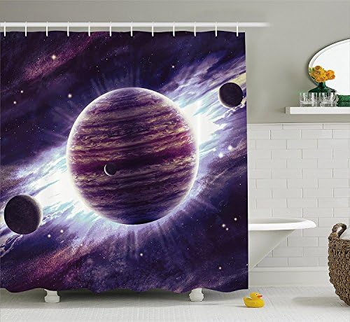 Galaxy Shower Curtain Set by Xixgc, Outer Space Theme Planets Saturn Mars and Neptune Science Fiction Solar Scene Artprint, Fabric Bathroom Decor with Hooks, Mauve Purple