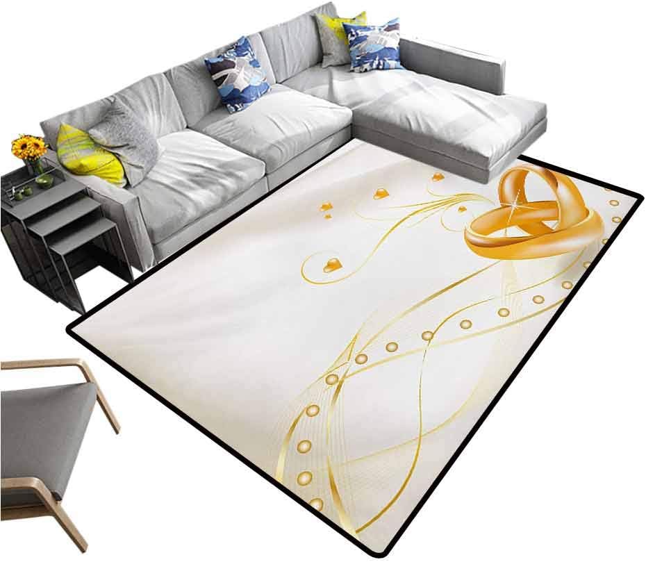 Wedding Large Area Rugs Wedding Rings Entangled in Shape of Heart 3D Style Romantic Design Art Print Non-Slip Doormat Carpet Marigold White (5'x7')