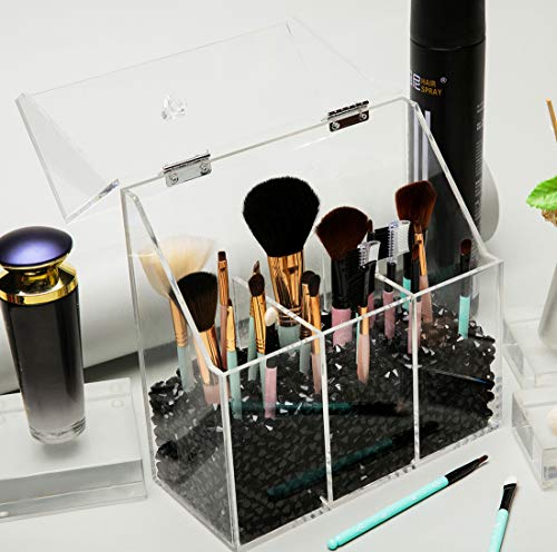 Newslly Acrylic Clear Covered Makeup Brush Holder with Dustproof Lid, Pearls Beads, Large Capacity for Cosmetic Brush Storage (Black)...