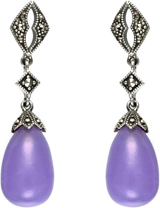 Sterling Silver Lavender Jade and Marcasite Drop Earrings