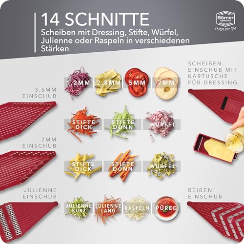 Börner Gemüsehobel Vital (Profi Set) • 12 Schnittarten • Gemüseschneider Edelstahl • Mandoline mit Dressing-Funktion • V-Hobel für Scheiben, Julienne Streifen, Würfel & Gemüsespaghetti thumbnail 3