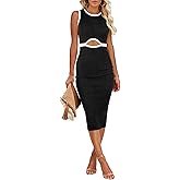 oten Womens Sexy Crew Neck Sleeveless Cut Out Ribbed Bodycon Slim Fit Cocktail Party Club Midi Dresses