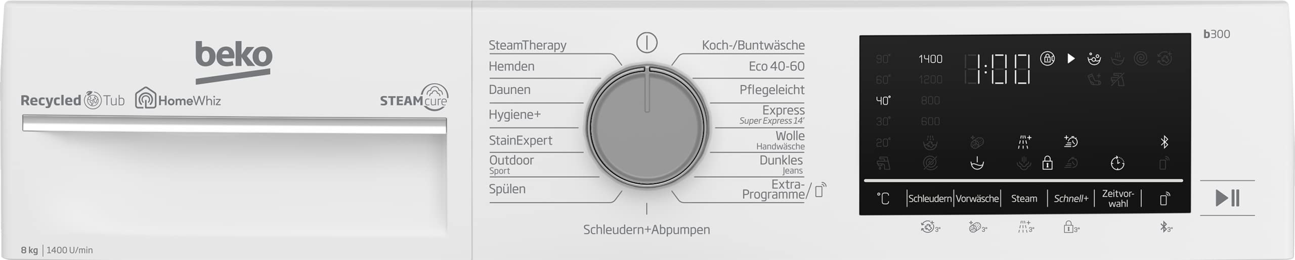 Beko B5WFU584135W Waschvollautomat, 8kg, Waschmaschine, Restzeitanzeige und Schleuderwahl, 1400 U/min, SteamCure Dampffunktion, allergikergeeignet, AquaWave Schontrommel, Bluetooth-Steuerung, Weiß 9
