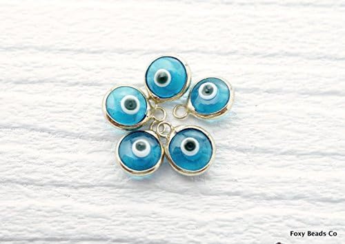 Evil Eye, Mini Transparent Blue Glass Evil Eye Charm, 24k Gold Plated, 9mm Set of 5 EE069