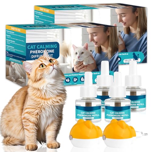 6 in 1 Pheromone Soothing Diffuser for Cats, Compatible with Common Diffusers, Pheromone Diffuser Cats 120 Days for Stress, Relaxation and Anxiety, for Cats and Kittens (2 Diffuser + 4 Refills)