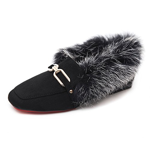 Meeshine womens fur lined loafer slip on buckle slipper…