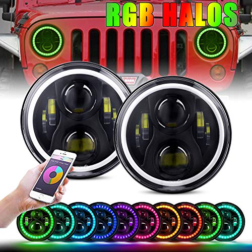 DOT Approved 7'' LED Headlight RGB Halo Ring Angle Eye Bluetooth Remote Control for 1997~2018 Jeep Wrangler JK TJ LJ CJ Sahara Sport Rubicon Willys Hummer H1 H2 2 Years Warranty