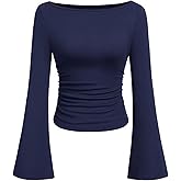 TITOMD Women's Bell Long Sleeve Shirts 2026 Spring Boat Neck Crop Going Out Trendy Tops Ribbed Ruched Y2K Clothes