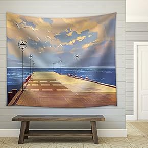 Bridge to The Sea Against Beautiful Sky,Illustration Painting - Fabric Wall Tapestry Home Decor - 51x60 inches