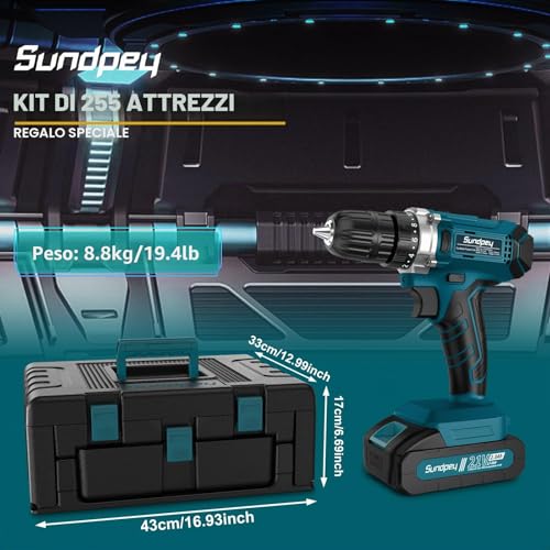 Sundpey Complete Tool Box 255 Pieces with Drill Driver Battery 21 V, Cordless Screwdriver Set Work Tools with Drawer for Home and Car Repair for DIY