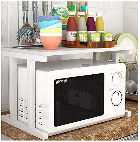 BABFLY 2 Tier Microwave Stand wooden Storage Rack, Kitchen wooden Shelving Microwave Oven Baker’s Rack with Spice Rack Organizer,A shelf for printers on desk (White)
