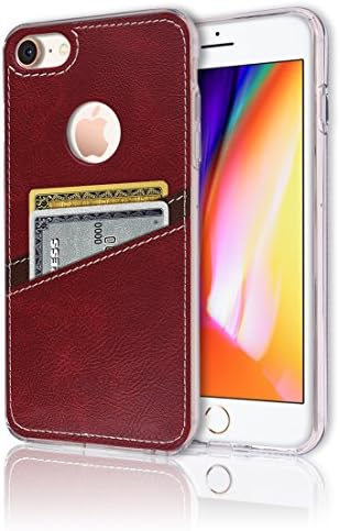 iPhone8 Plus / 7 Plus [Leather Back Cover] [Wallet Case] [2 Card Holder] Soft Slim Fit Hybrid Polyurethane TPU Flexible Bumper Slot Lightweight Shock Absorbing Protection For Apple iPhone8+ / 7+ (Red)