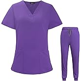 VIAOLI Scrubs for Women Set V-Neck Pocket Top & Drawstring Jogger Scrub Pants