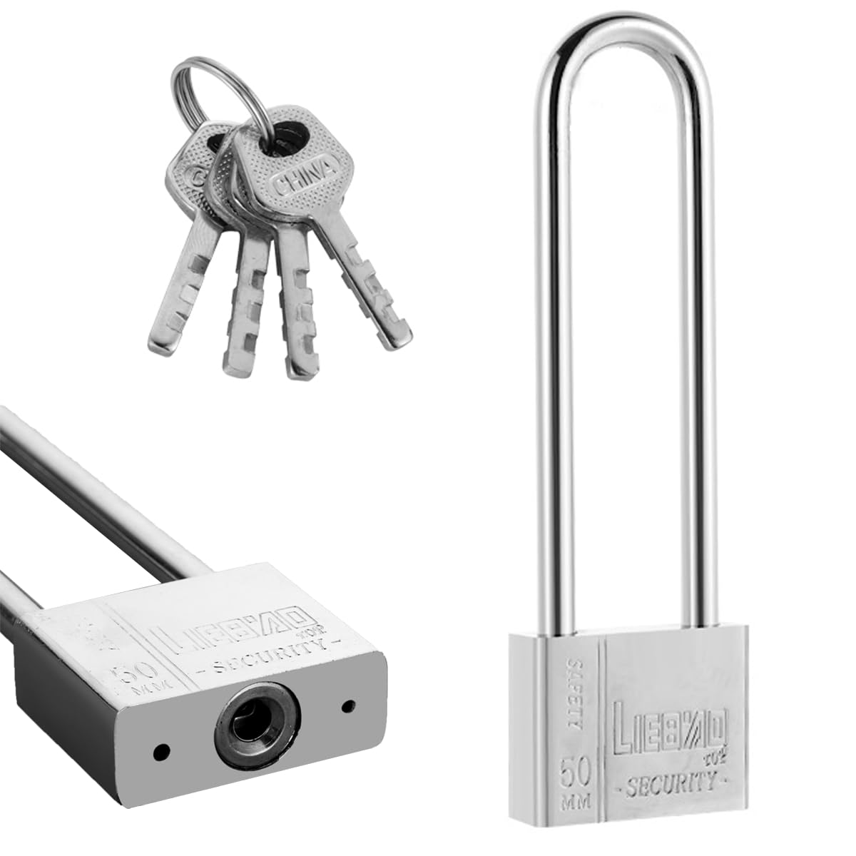 Yaolmkcovs 6.4 Inch Long Shackle Heavy Duty Outdoor Padlock, Silver, 50mm, 2 Keys, Weather Resistant, Corrosion Resistant