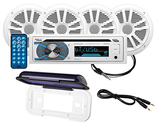 BOSS Audio MCK508WB.64S Receiver/Speaker Package, Bluetooth, CD/MP3/USB/SD AM/FM Marine Stereo, Wireless Remote, Four 6.5 Inch Speakers, Antenna, Auxiliary Cable