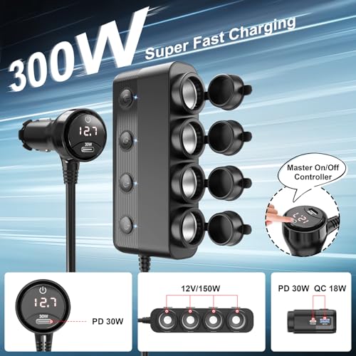 Qidoe 4 x Car Cigarette Lighter Charger Socket Adapter 300W Dual PD 30W and QC 3.0 12V-24V Car USB Socket with Independent Switch and LED Voltmeter for All Car Devices