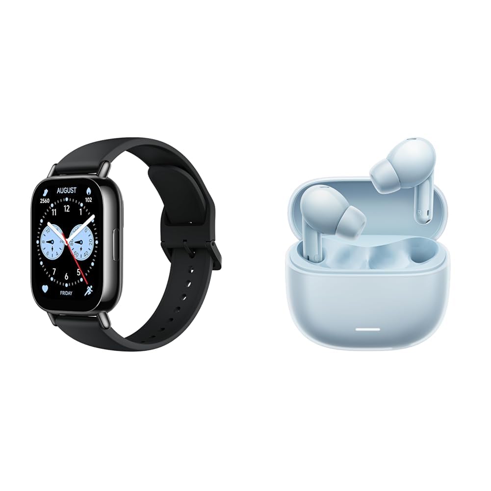 Xiaomi Smartwatch, Redmi Watch 5 Lite, 1.96-Inch OLED Display, 18-Day Battery Life, Built-in GNSS, Bluetooth Call Compatible, Black + Wireless Earphones, Redmi buds 6 Lite Hybrid ANC, Active Noise