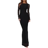 REORIA Women's Spring Mesh Sheer Long Sleeve Wedding Guest Dress Sexy Floral Bodycon Maxi Long Dresses